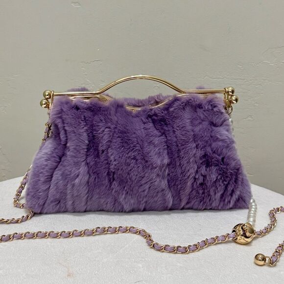 Lilac Handmade Real Rex Rabbit Fur Double Kisslock & Top Handle Purse/Crossbody - Picture 4 of 16